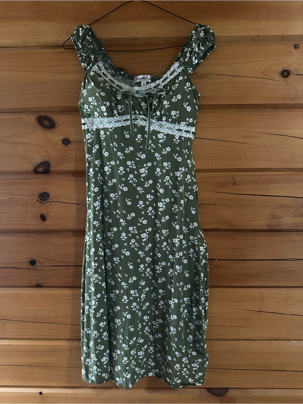 Country Cowgirl Style Green Olive  Floral Lace-Trim Sundress Madden Girl Sz M